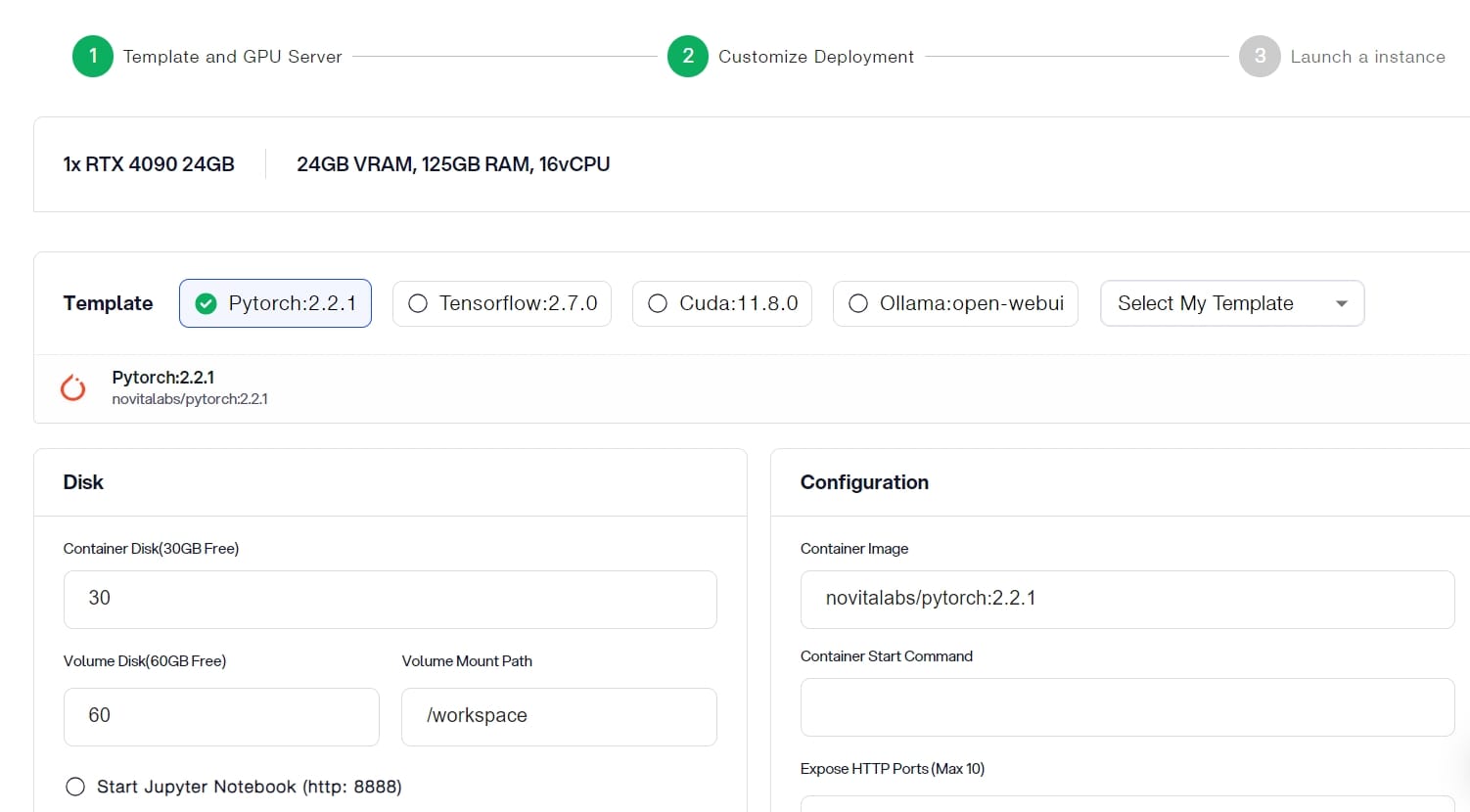 Novita AI GPU Instance template page