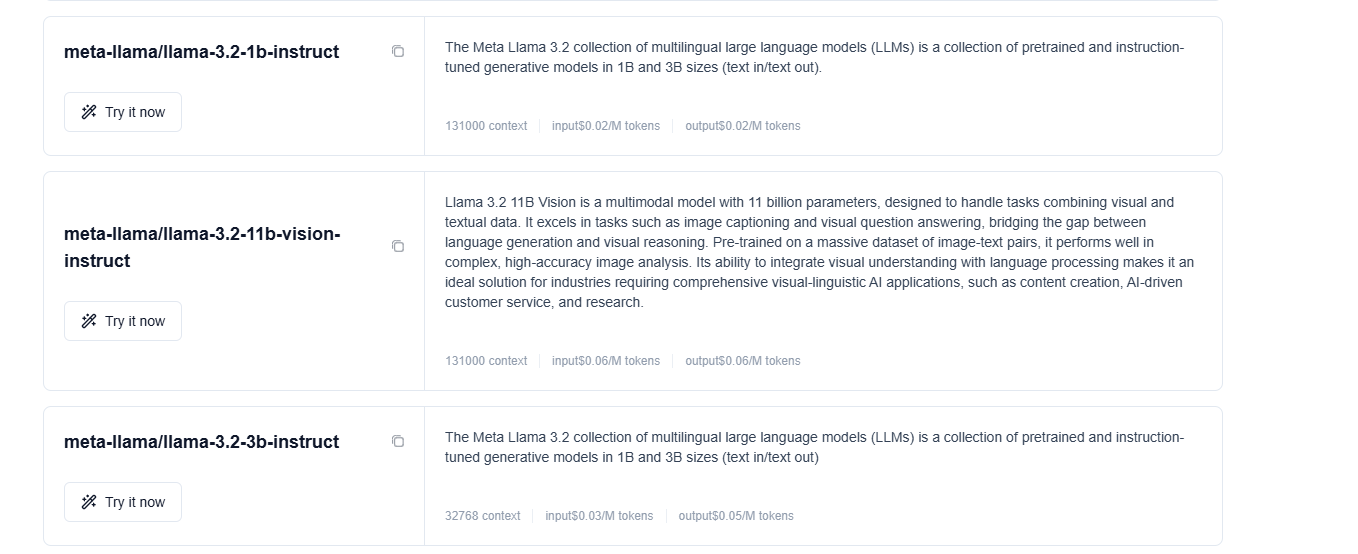 list of llama 3.2 model on Novita AI