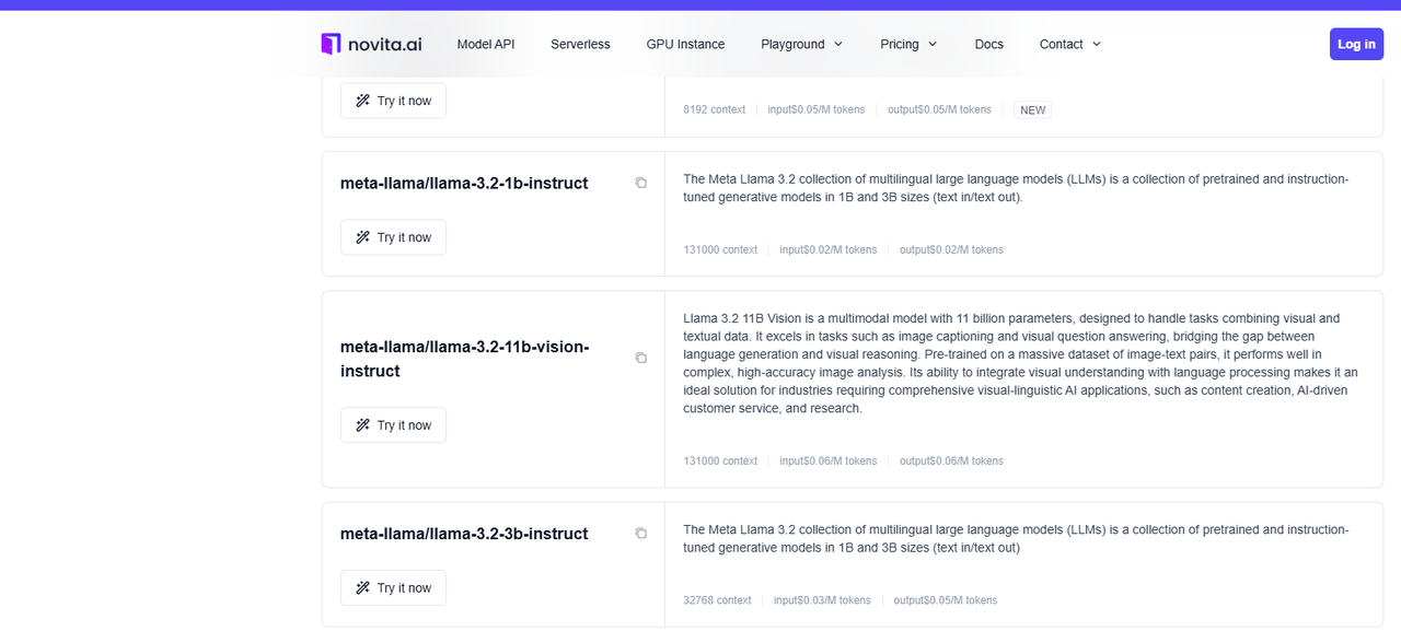 Llama 3.2 model list on Novita AI