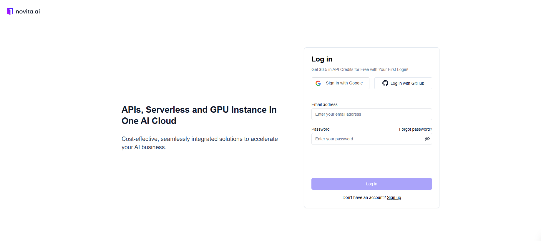 Sign in page on Novita AI