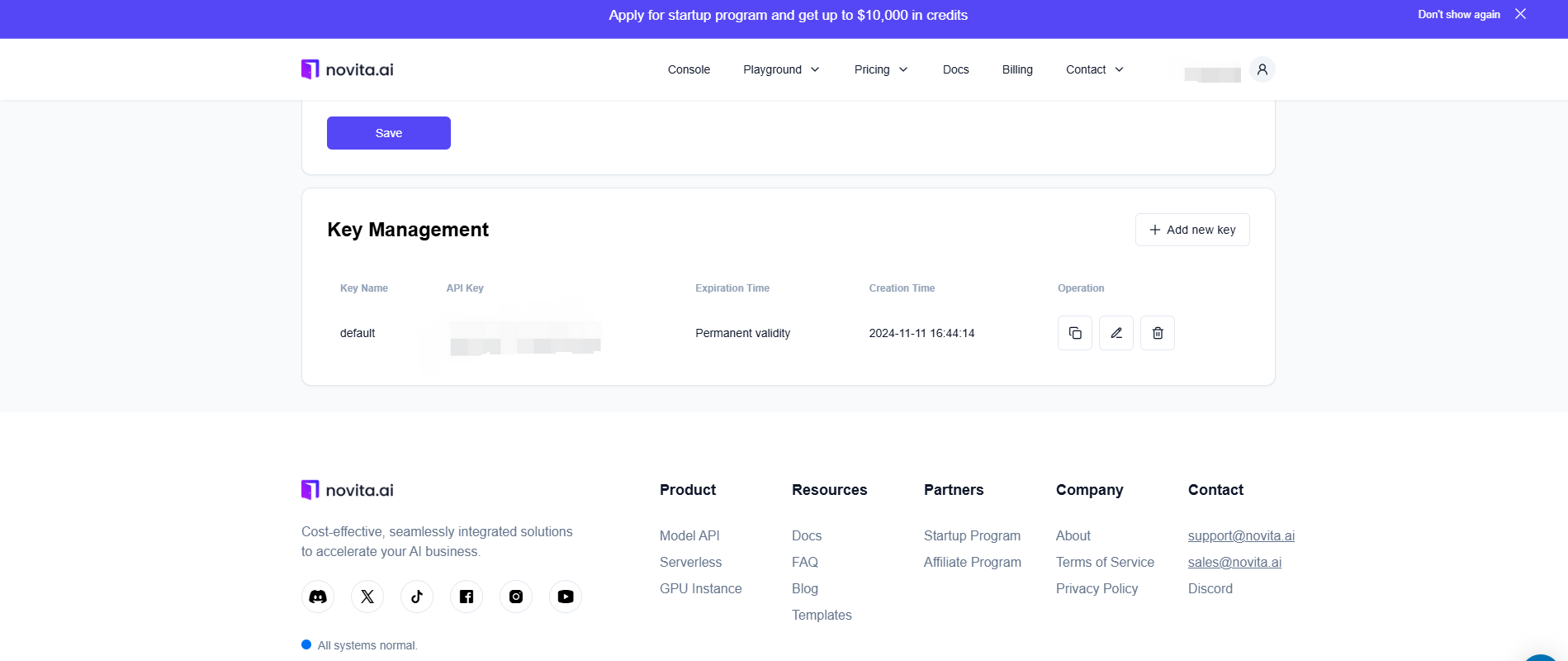 Key management page on Novita AI