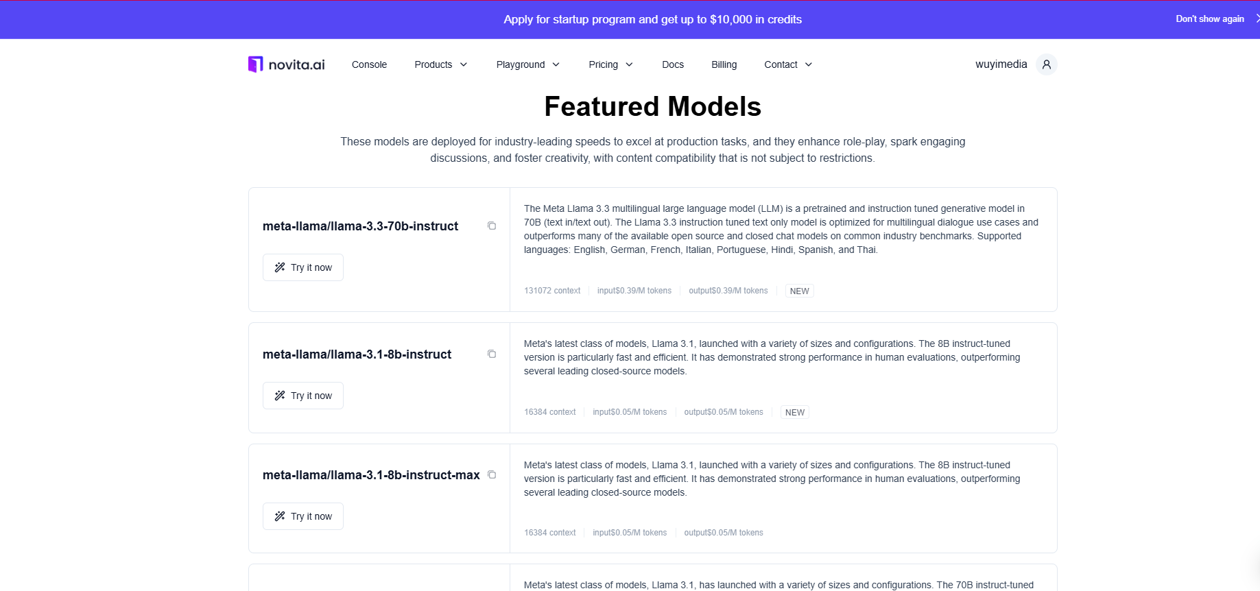 screenshoot of LLM model list on Novita AI